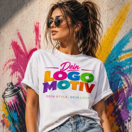 Junge Frau in Sonnenbrille trägt ein T-Shirt mit buntem Schriftzug vor einer Graffiti-Wand.