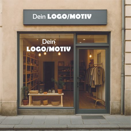 Ladenfassade mit Schaufenster, beschriftet mit "Dein LOGO/MOTIV".