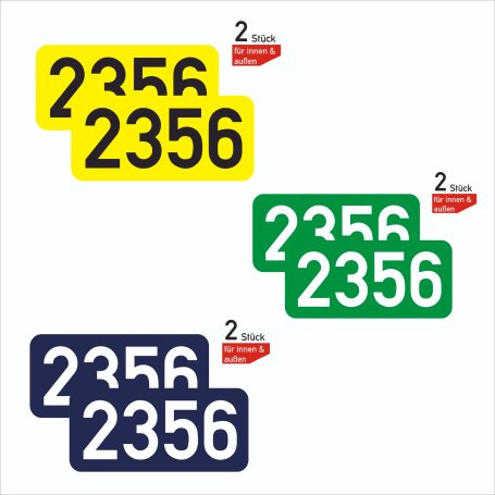 Zwei Sets von nummerierten Schildern in Gelb, Grün und Blau mit den Zahlen 2356.