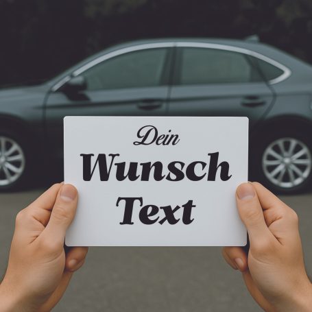 Eine Person hält ein Schild mit dem Schriftzug "Dein Wunsch Text" vor einem Auto.
