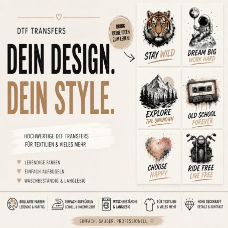 DTF Transfer zum selber Aufbügeln Design-Promotion für individuelle Transfers mit verschiedenen Motiven und Stilen.
