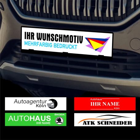 Kennzeichen mit Werbung für Autoagentur und Wunschmotiv, buntem Logo oben.