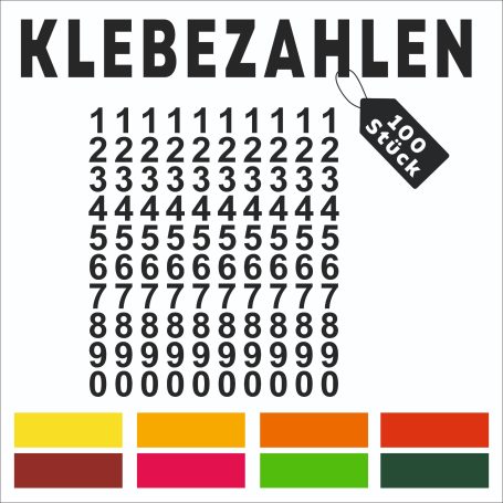 Klebzahlen in verschiedenen Farben, nummeriert von 0 bis 9, mit 100 Stück.