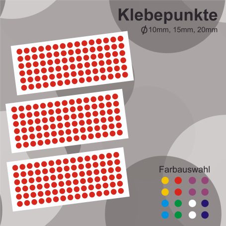 Drei Blätter mit roten Klebepunkten in verschiedenen Größen auf grauem Hintergrund.